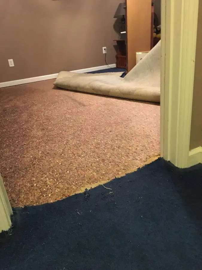 Carpet pad removal revealing water damage during Water Mitigation Services in Montevallo